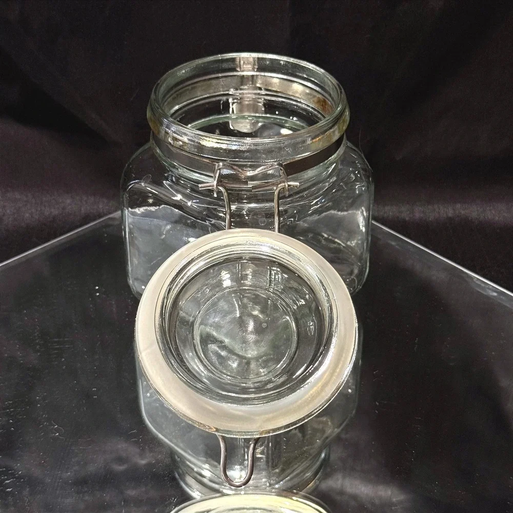 Vintage Italian Clear Square Airtight Glass Jar Wire Bale Clamp Lid Canister